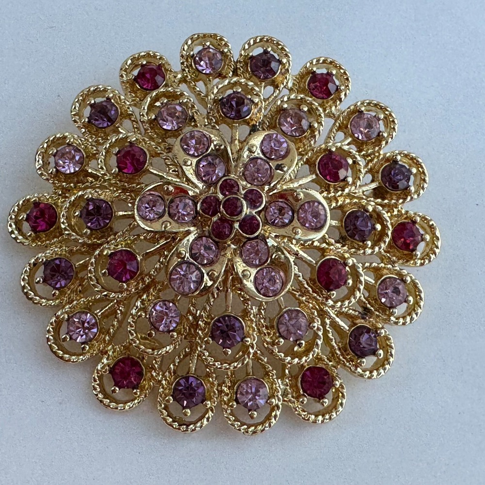 Vintage Monet brooch pin signed large Pink Purple Gold Tone gorgeous Flower